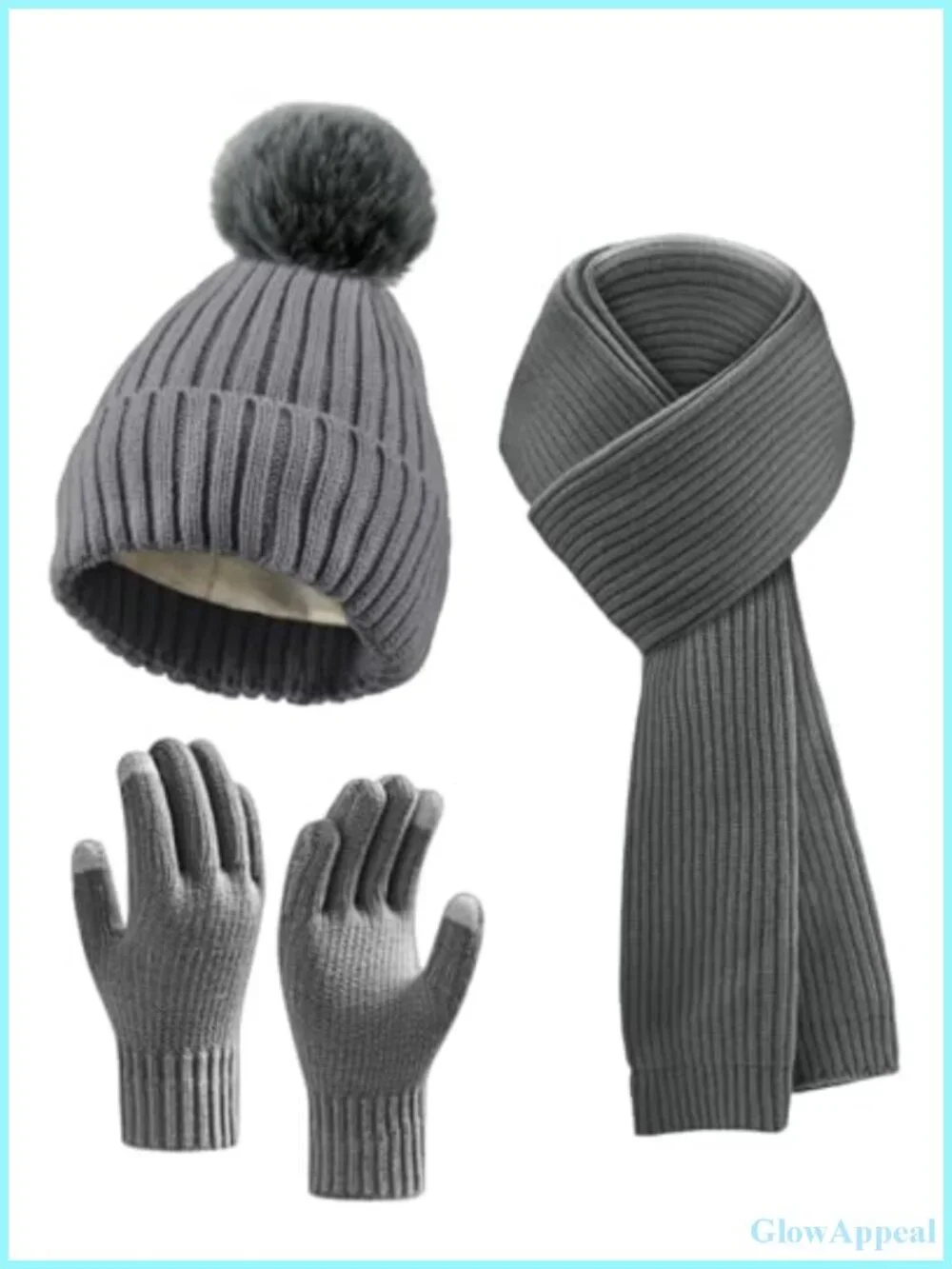 Winter Beanie Hat Scarf Gloves Set, Fleece Lined Knit Pompom Touchscreen